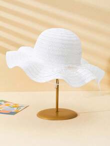1pc Unisex Kids Grass Rope Bow Decor Simple Fashionable White Wavy Straw Hat, Suitable For Outdoor, Beach Vacation, Children Sun Ion Gift - White - View 6