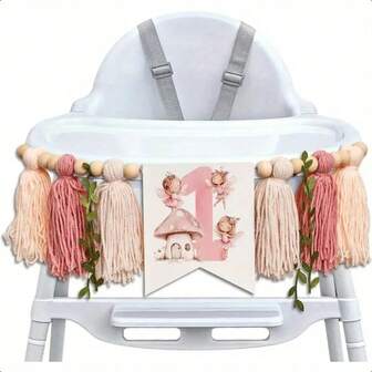 1 件仙女高脚椅横幅 - 蘑菇和野花高脚椅横幅，花卉流苏仙女 1 岁生日装饰，甜蜜 1 岁生日派对用品花环