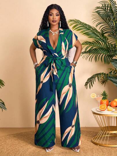 BIUBIU Dames plus size mouwloze diepe V-hals tropische plant bloemen elastische tailleband lange jumpsuit, geschikt voor passionele vakanties en dagelijkse casual mode-items