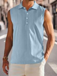 Mens Sleeveless Summer Shirts Beach Tank Tops Button Up Textured Tank Shirt For Vacation - Blue - View 3