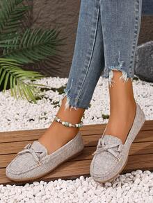 2025 Autumn Women's Fashion Bow Decorated Loafers - Low Top Flats - Spring And Summer New Style - Comfortable And Versatile - Casual Style - Daily Wear - Office Commuting - Bow Design - Flats - Low Top - Faux Suede Material Women's Fashion Comfortable Casual Soft Slip-On Black Versatile Handmade Toe Shoes Loafers Multicolor Sexy Leopard Print (Colors Randomly Distributed) - Beige - View 3