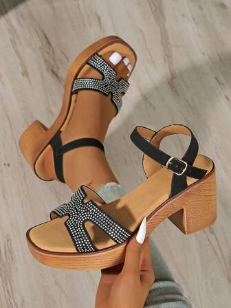 Women's Fashion High Heel Sandals, Thick Sole & Chunky Heel, Wooden Grain Design Outsole, Solid Color Upper, Suitable For Young Women In Home, Shopping, Commuting, Casual Wear, Multi-Functional