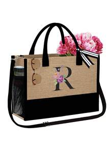 1set ,A Initial Flowers Pattern Tote Bag With Shoulder Straps&A Makeup Bag Initial Letters A-Z Set, Personalized Gift Bag With Side Pockets,Beach Bag With Scarf,Portable Leisure Storage Handbags, Multifunctional Shopping Bags, Travel Simple Storage Bag - Khaki - View 24