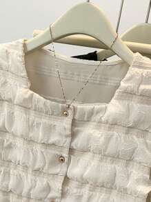 Solid Color Polyester Layered Cake Button Short Sleeve Blouse, Asymmetric Cut, Summer