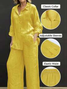 Casual Polo Collar Cardigan & Wide Leg Pants Set, Elegant, Versatile, Slimming, Solid Color Chic Shirt Top, Soft Fabric, Comfortable For Beach Vacation, Daily/Office Commute, Loose Waist Pants, 2 Pieces Outfit