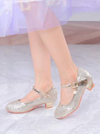 Children's High Heel Shoes, Fashion Piano Recital Performance Shoes, Girls' Leather Princess Shoes, Gold Sequin Flats