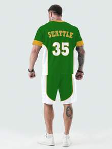 Zero limit Plus Size Men's Sports Suit Set, Regular Fit Seattle 35# Graphic Print Casual Outdoor Sports Wear T-Shirt And Shorts 2 Pieces Set, Great Gift For Boyfriend, Husband, Father, Suitable For Golf, Fishing, Basketball, Camping, Gym And Beach - Army Green - View 2