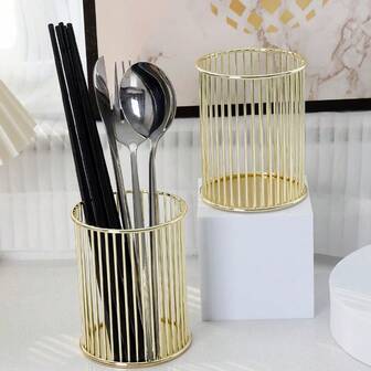 1 件北欧风格金色圆形笔筒多功能铁艺艺术笔收纳篮，办公用品/化妆刷架