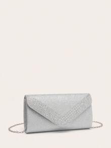 4 Teiliges Schmuckset mit Strass Halskette, Ohrringe, Armbänder für Frauen, Abendtasche, Braut, Hochzeit, silberner funkelnder Glitzer V-förmiger Kristall Strass Dekor, elegante Umschlagtasche - Silber - Übersicht 6