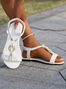 Nuevas sandalias planas de dedo abierto tejidas bohemias para mujer, versátiles