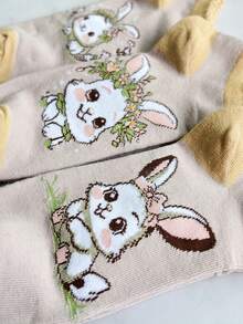 3 Pairs Women's Multi-Color Bunny Design Cute, Sweet, Soft, Comfortable & Versatile Ankle Socks, Suitable For Daily Wear - Multicolor - View 4