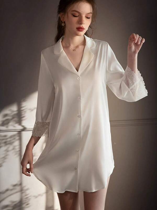 Sexy Underwear Spring And Summer Thin Boyfriend Wind Lace Pajamas Ice Silk Long Sleeve Comfortable Shirt Nightdress Suit Ladies' Home Clothes Sexy Lingerie Set