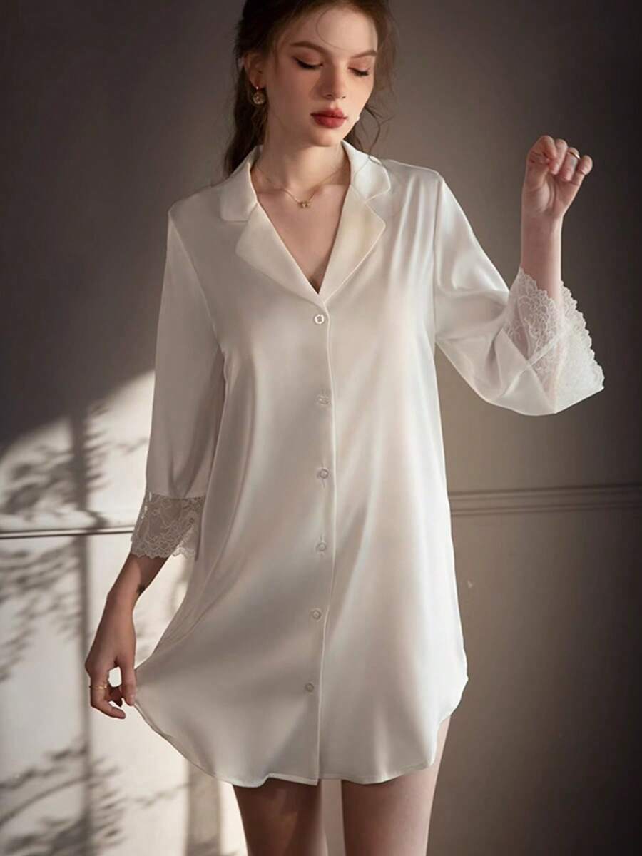Sexy Underwear Spring And Summer Thin Boyfriend Wind Lace Pajamas Ice Silk Long Sleeve Comfortable Shirt Nightdress Suit Ladies' Home Clothes Sexy Lingerie Set