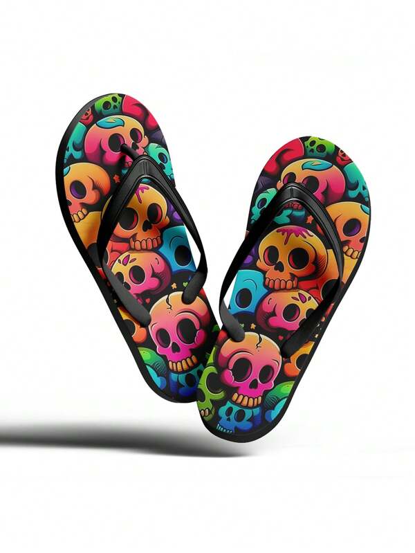 Men's Catoon Skull Design Flip Flops, Colorful Vibrant Casual Comfortable Soft Beach Sandals For Men And Women, Comfortable And Stylish Summer Footwear