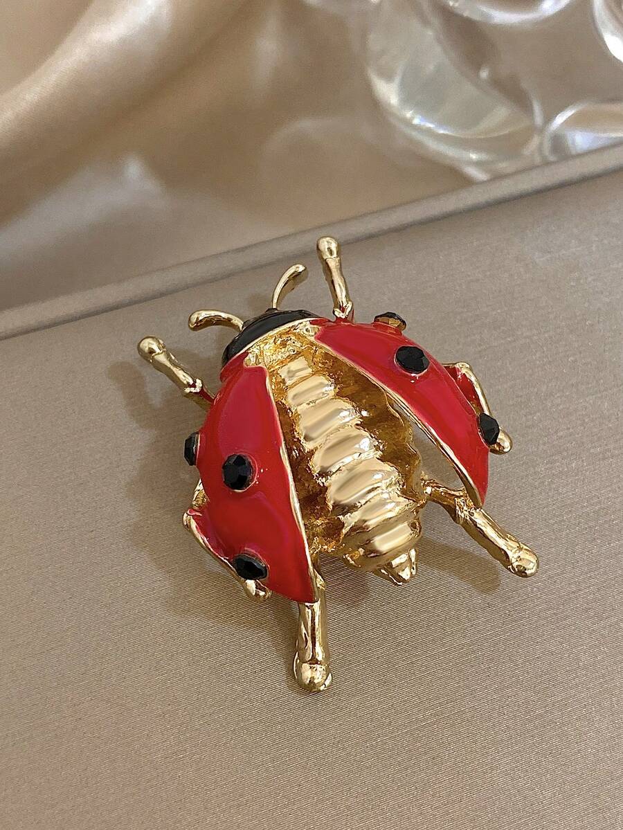 1Pc Retro Ladybug Brooch Pin With Enamel Red Cherries & Green Leaves For Women Girls - 14K Gold-Plated Gold Stainless Steel Brooch Pin, Mother Day Gift, Teacher Gifts, Graduation Gift, Bohemia Beach Accessories For Summer Travel & Festivals, For Daily Party, Rave/Prom Accessories - Multicolor - View 1