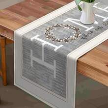 1pc Western Linen Table Runner, Grey English Floral Print Pattern, Suitable For Dining Table, Living Room Table, Restaurant - Light Grey - View 3