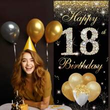 1 pièce Décorations pour les 16e, 18e et 21e anniversaires - Décorations de fête noires et dorées avec bannière de porte, panneau de pelouse et toile de fond pour photo - Fournitures de fête d'anniversaire de 18 ans pour les adolescents