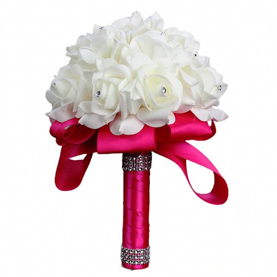 Artificial Wedding Bride Bouquet Handheld Bridesmaid Flower With Ribbon - Rosa Fucsia - Ver 1