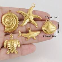 5 Stücke Edelstahl Ozean Themen Anhänger Sortiment - Seestern, Muschel, Schildkröte, Hai, Fisch, Delfin, Seepferdchen. Geeignet für Armband, Halskette, Knöchel, Ohrring Schmuck DIY, Vintage, Strand, Party Elemente, 18 Karat vergoldet