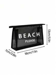 1 件网状镂空尼龙“THE BEACH BAG”、“BEACH PLEASE”、“Beach Viles”白色字母印花女士便携网眼化妆包，海滩度假旅行便携大容量多用途化妆包，女士化妆包旅行盥洗收纳包 - 黑色 - 查看 8