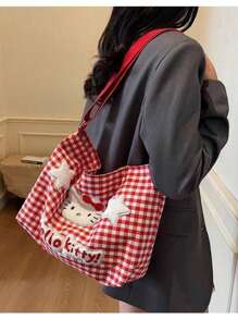 Sanrio Borsa a tracolla Sanrio Hello Kitty a quadri, borsa a cartone animato da donna, borsa in tela con grande capacità, borsa a tracolla per studenti e pendolari, per forniture scolastiche, back to school