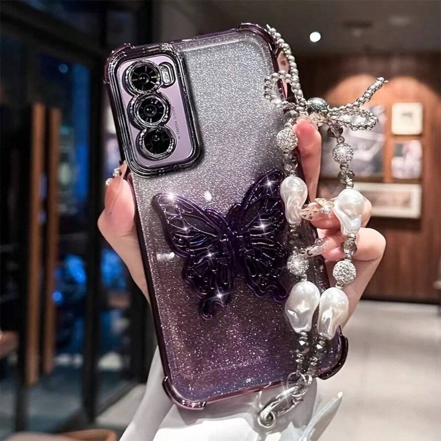 1 片渐变闪光电镀凸边设计屏幕及摄像头镜头保护膜，蝴蝶纹理支架手机壳，配锆石水钻挂绳，兼容无线充电，适用于 16 Pro Max、P30、Nova 11、荣耀 Magic7、Note 14 Pro+ 5G、Galaxy S25 Ultra、Infinix Smart 8/Infinix Hot 40i/Spark 20/Spark 20C/Spark Go 2024、Moto G54 - 紫色 - 查看 1