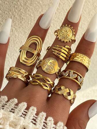 9 件夸张嘻哈圆形开口可调节不锈钢老人头环套装，时尚首饰