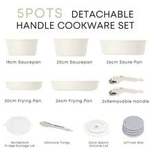 RIOVARM Induction Pots And Pans Set With Removable Handles, Non-Stick Granite Stackable Cookware Set With Silicone Lids, Space-Saving Pot & Pan Sets Without, Frying Pan, Casseroles - White - View 2