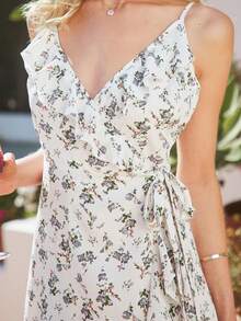 Meidaxexr Vestido longo maxi feminino elegante e sensual com babados, estampa floral delicada, alças finas e cinto, corte assimétrico. Ideal para festas de aniversário, casamentos, damas de honra e uso casual no dia a dia. - Branco - Ver 5