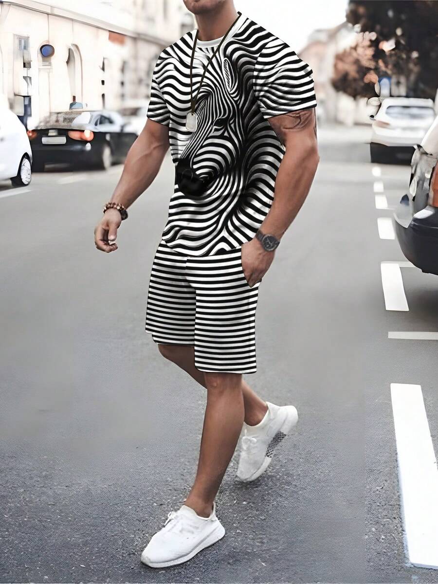 2pcs Men's Summer Casual Horse Pattern 3D Digital Print Short Sleeve T-Shirt And Shorts Set - Multicolor - View 1