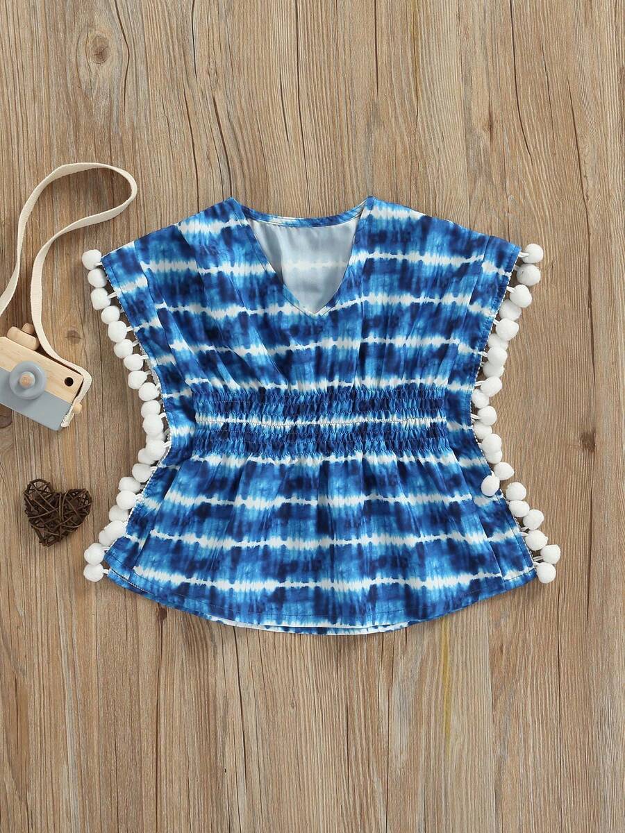 Girls Casual Loose Style Dress, Round Collar Short Batwing Sleeves One-Piece, White/ Pink - Blue - View 1