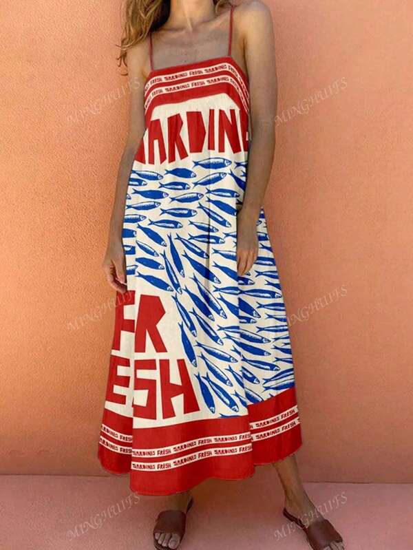 Plus Size Boho Spring And Summer Beachwear For Casual Versatile Suspender Letter Sardine Print Ropical Vacation Woman Clothes A-Line Dress Back To School Fall Women Clothes