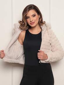 Women's Puffer Jacket Cropped Winter Double-Sided Teddy Removable Hood Zipper Lined Plush Nylon Fur Elastic Cuff Fitted Stylish Modern Look Fashion Luxurious - 奶油色 - 查看 8