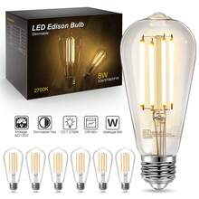 6/12/24 ST58 Retro 8W LED Edison Bulb, Equivalent To 60 Watts, 800 Lumens, High Brightness 2700K Warm White Light, Dimmable, E26 Base, LED Filament Bulb, CRI 80+, Transparent Glass, Suitable For Home, Bedroom, Office. - 暖白光 - 查看 1