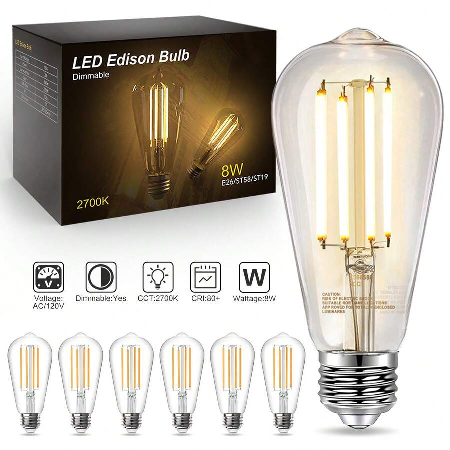 6/12/24 ST58 Retro 8W LED Edison Bulb, Equivalent To 60 Watts, 800 Lumens, High Brightness 2700K Warm White Light, Dimmable, E26 Base, LED Filament Bulb, CRI 80+, Transparent Glass, Suitable For Home, Bedroom, Office. - 暖白光 - 查看 1