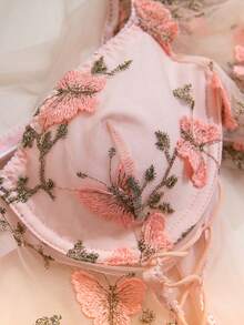 Sexy Butterfly Embroidery Mesh Insert Cropped Lingerie Set For Women, & Revealing Design For Going Out - Pink - View 10