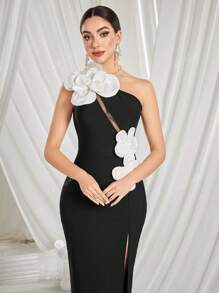 Asymmetrical Neck Backless Floral Embellished Gown Dresses Elegant Formal Evening Prom Wedding Guest Gown, For Graduation, Dinner, Party Dress, For Cocktail