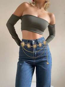 Xiacheng Cadena de cintura con diseño de sol y luna de varias capas, cadena de cintura de metal para vestidos de mujer - Girasol - Ver 8