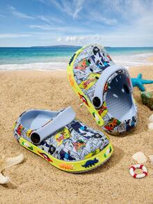 1 par de sandalias de playa cómodas, de moda, casuales, ligeras y con lindo estampado de dinosaurio a prueba de deslizamiento y con protección de dedos, para niños, para primavera/verano - Neblina azul - Ver 2