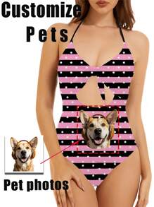 1pc Custom Pet Swimsuit For Women, Women's Hollow Out One-Piece Swimwear, Hollow Bow Accent, Sexy & Fashionable, Customizable Pet, Customize Your Exclusive Pet, Pool, Beach, Holiday, Girls Swimsuit