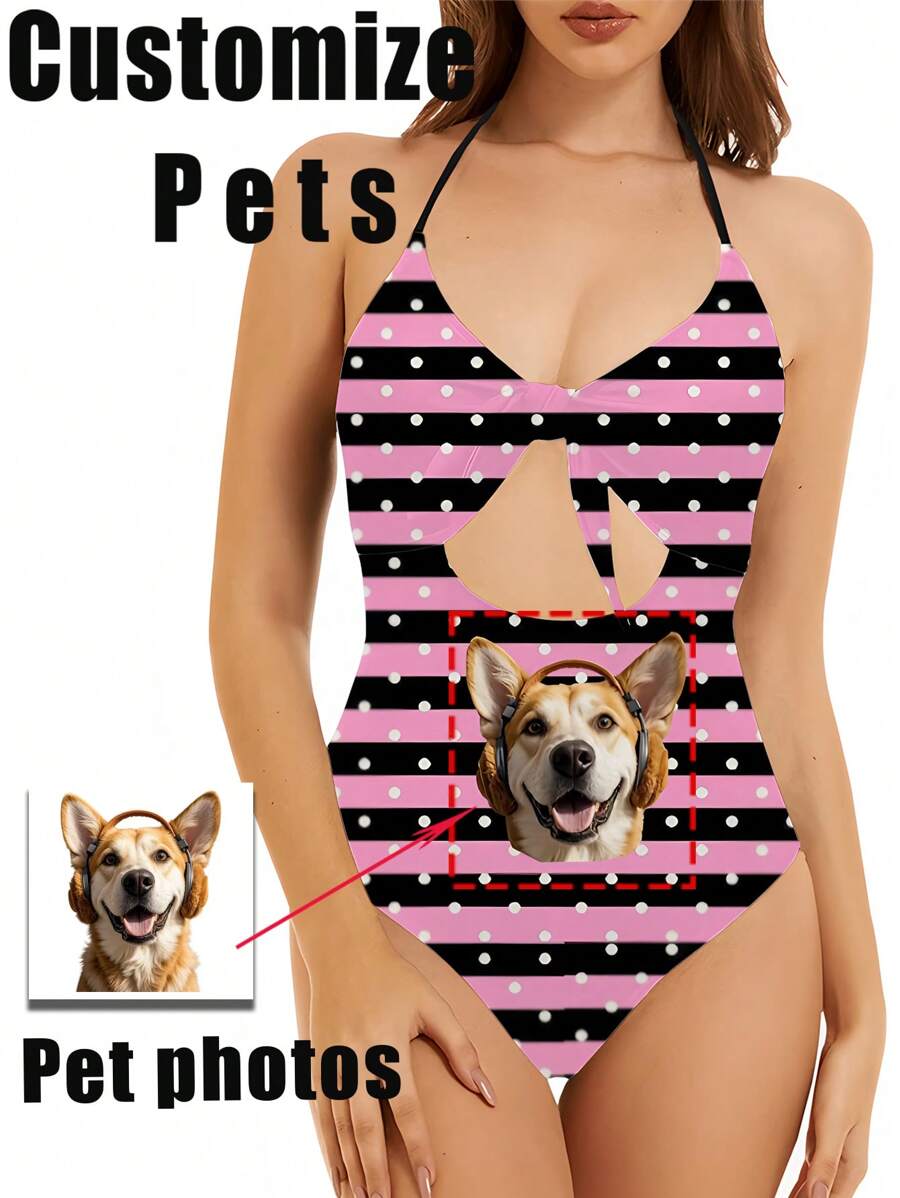 1pc Custom Pet Swimsuit For Women, Women's Hollow Out One-Piece Swimwear, Hollow Bow Accent, Sexy & Fashionable, Customizable Pet, Customize Your Exclusive Pet, Pool, Beach, Holiday, Girls Swimsuit