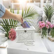 Caja de regalo con forma de corazón de madera blanca/natural, caja de sobre de madera rústica DIY grande/pequeña con ranura de bloqueo (plateada), adecuada para bodas, aniversarios, graduaciones, fiestas de cumpleaños - Multicolor - Ver 10