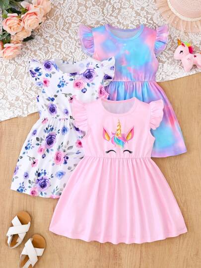 Chatreadl Conjunto de 3 peças para meninas, vestido fofo com estampa de pônei e flores, estilo princesa, seda com ombré milk, roupa de verão para crianças com mangas curtas, adequado para primavera e verão