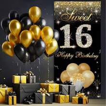 1 pièce Décorations pour les 16e, 18e et 21e anniversaires - Décorations de fête noires et dorées avec bannière de porte, panneau de pelouse et toile de fond pour photo - Fournitures de fête d'anniversaire de 18 ans pour les adolescents