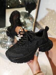 全水钻网眼透气女式运动鞋，2025 年新款夏季时尚水晶闪光厚底休闲鞋，闪亮坡跟厚底运动鞋