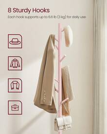 VASAGLE Solid Wood Coat Rack, Free Standing Tree-Shaped Coat Rack With 8 Hooks, 3 Height Options, For Clothes, Hats, Bags, Living Room, Bedroom, Home Office - Pink - View 5