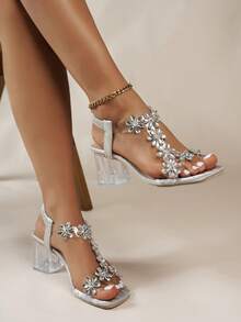 Women's Fashion Square Toe Transparent Chunky Heel Sandals, Floral Sweet Style Sandals - Silver - View 1
