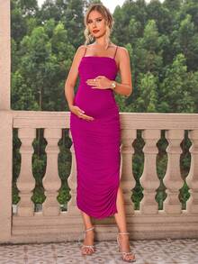 Joyfunear Pregnant Women's Solid Color Ruched Cami Cherry Dress Maternity Dress - Hot Pink - View 1