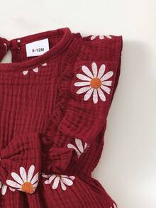 女婴夏装，可爱雏菊花印花百褶无袖连衣裙+头带 - 酒紅色 - 查看 4
