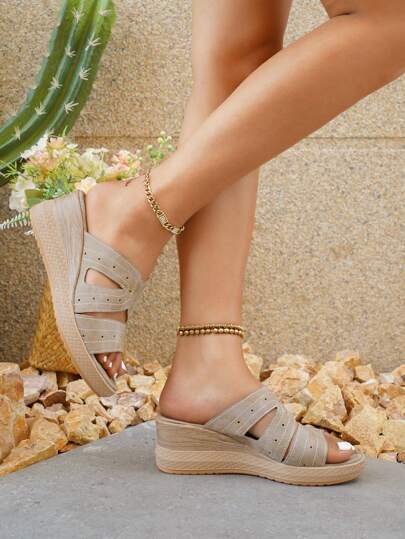 Wedge Heel Slip-On Elevated Sole Sandals, Brown Hollow Breathable Wooden Color Vintage Outdoor Athletic, Elegant Party Punk Preppy Fashion Forward Vintage Cute Casual Luxury Chinese Style Hollow Ceremony Party Office Home Gym Outdoor, Suitable For Spring, Autumn, Winter